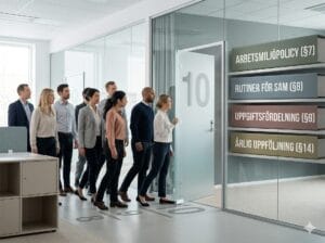 En tillväxtpil som passerar siffran 10, med dokument som symboliserar nya dokumentationskrav vid tio anställda.