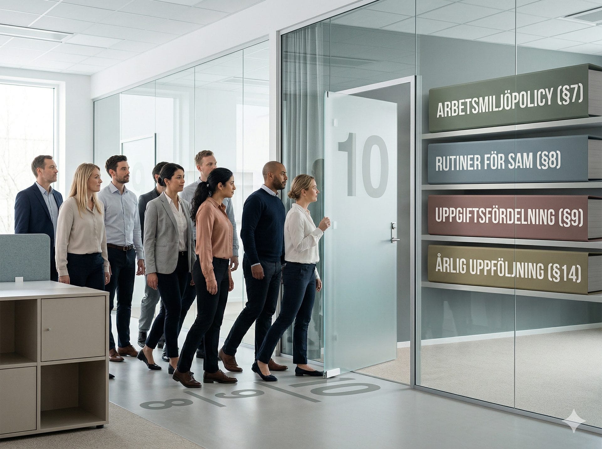 En tillväxtpil som passerar siffran 10, med dokument som symboliserar nya dokumentationskrav vid tio anställda.