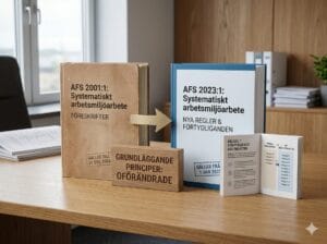 Två föreskriftsdokument sida vid sida — AFS 2001:1 och AFS 2023:1 — som visar övergången till nytt regelverk.