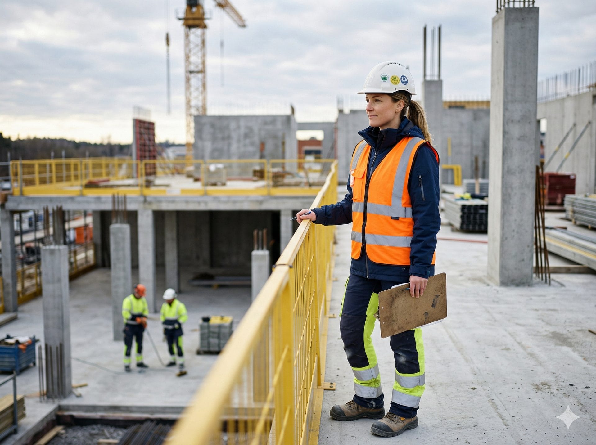 En platschef med hjälm och reflexväst står på en byggarbetsplats och överblickar arbetet — kunskapskravet gäller, oavsett om det kallas BAM.
