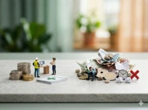 En vågskål som väger kostnaden för arbetsmiljöarbete mot kostnaden för sjukskrivningar.