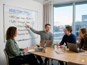 En hand skriver i ett policydokument med rubriken arbetsmiljöpolicy, med kontorsmiljö i bakgrunden.