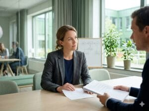 En chef tar emot ett dokument om uppgiftsfördelning i ett möte, med ett organisationsschema synligt i bakgrunden.