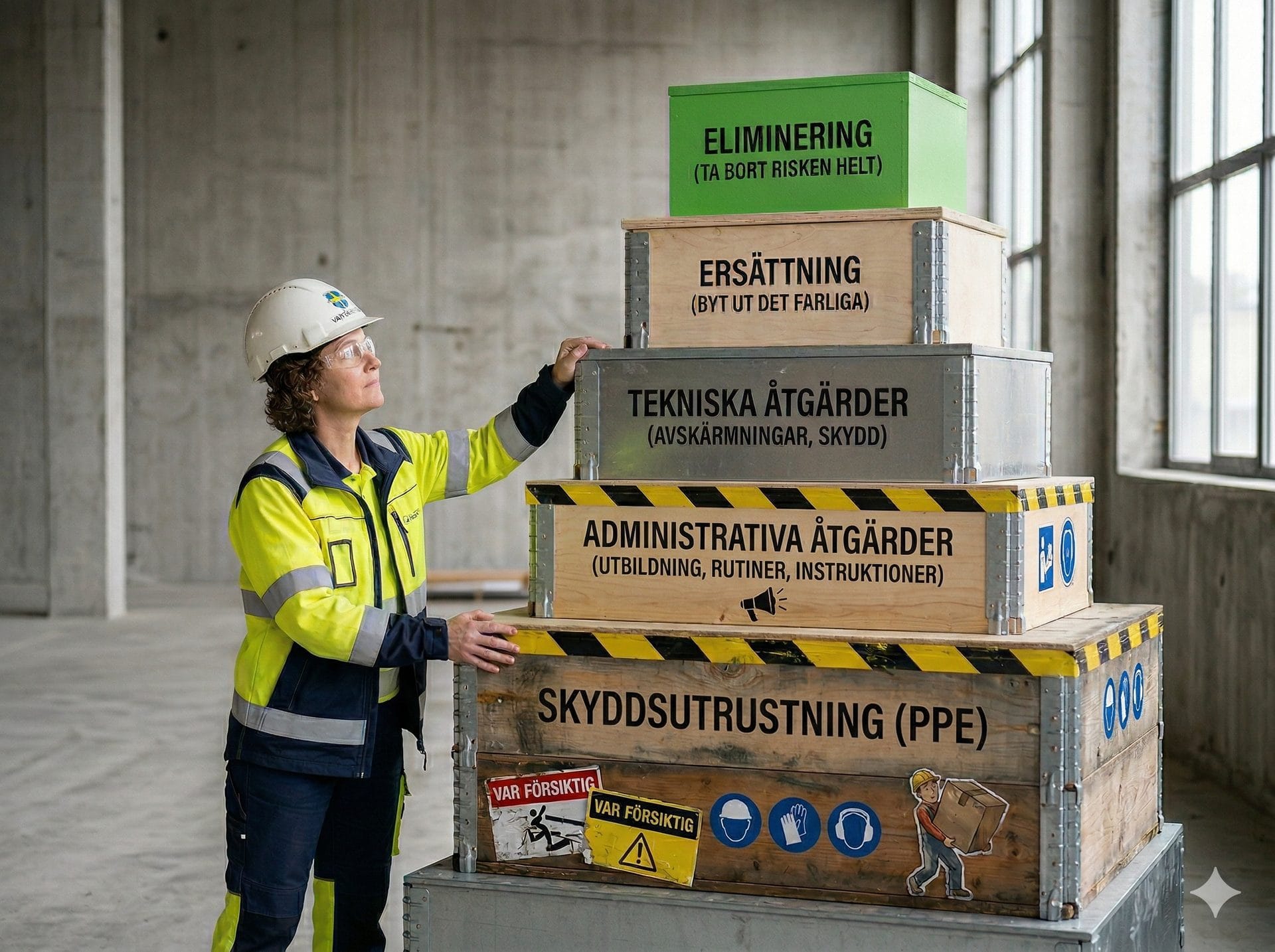 Åtgärdshierarkin illustrerad som en pyramid av lådor på en byggarbetsplats — från eliminering högst upp till skyddsutrustning längst ner, med en arbetsledare i hjälm och reflexväst.
