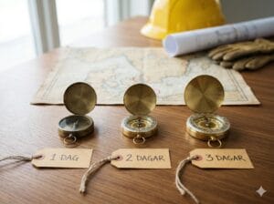 Tre kompasser märkta 1 dag, 2 dagar och 3 dagar på ett skrivbord med skyddshjälm och ritningar — symboliserar valet av BAM-kurslängd.