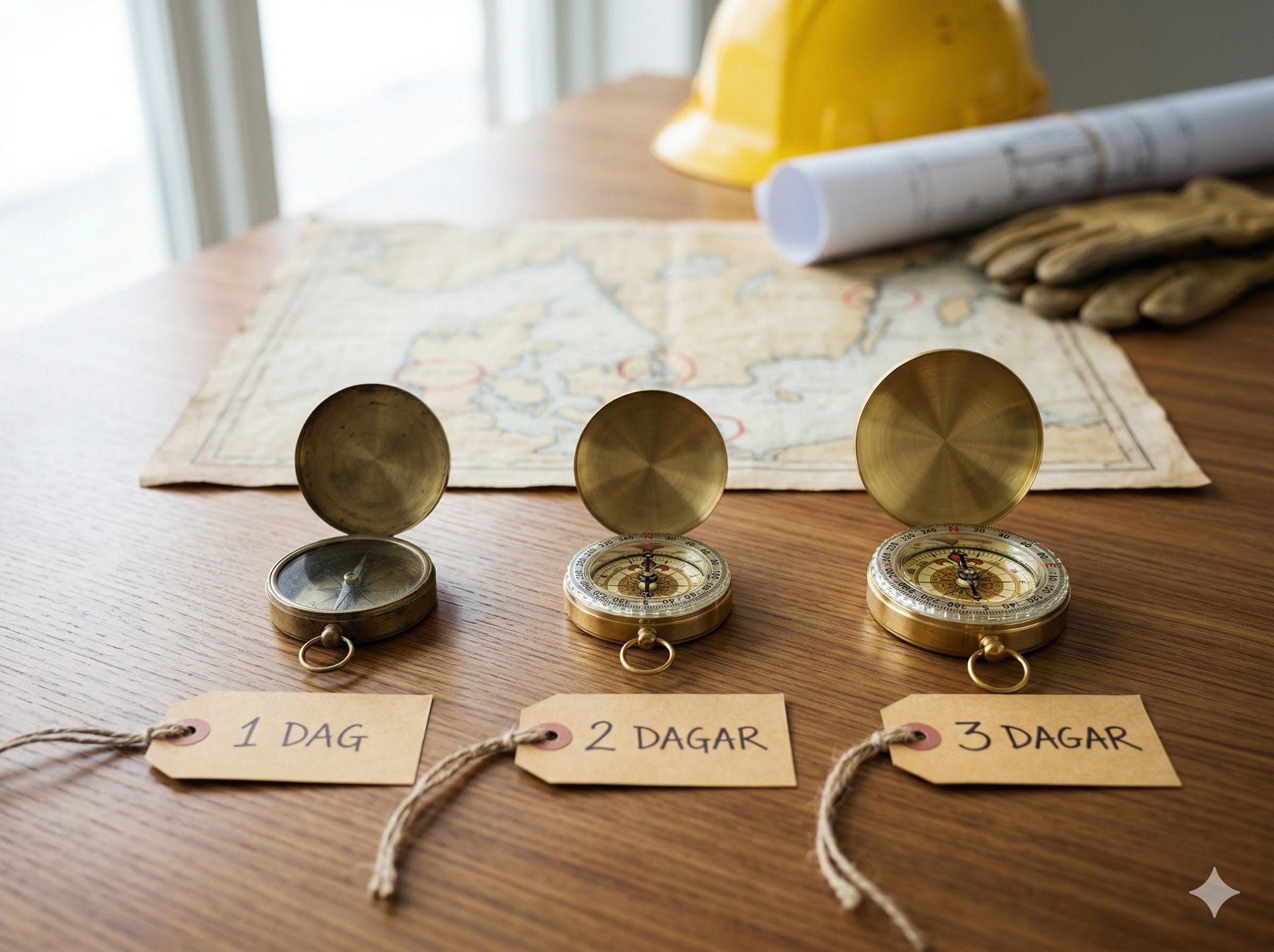 Tre kompasser märkta 1 dag, 2 dagar och 3 dagar på ett skrivbord med skyddshjälm och ritningar — symboliserar valet av BAM-kurslängd.