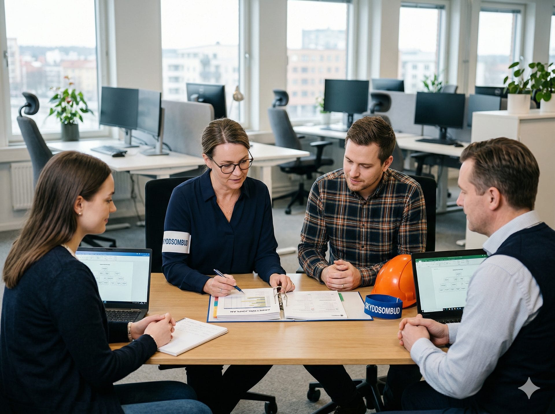 Fyra kontorsanställda diskuterar arbetsmiljöarbete vid ett skrivbord, med en skyddshjälm och skyddsombudsväst som symboliserar att BAM gäller även på kontoret.