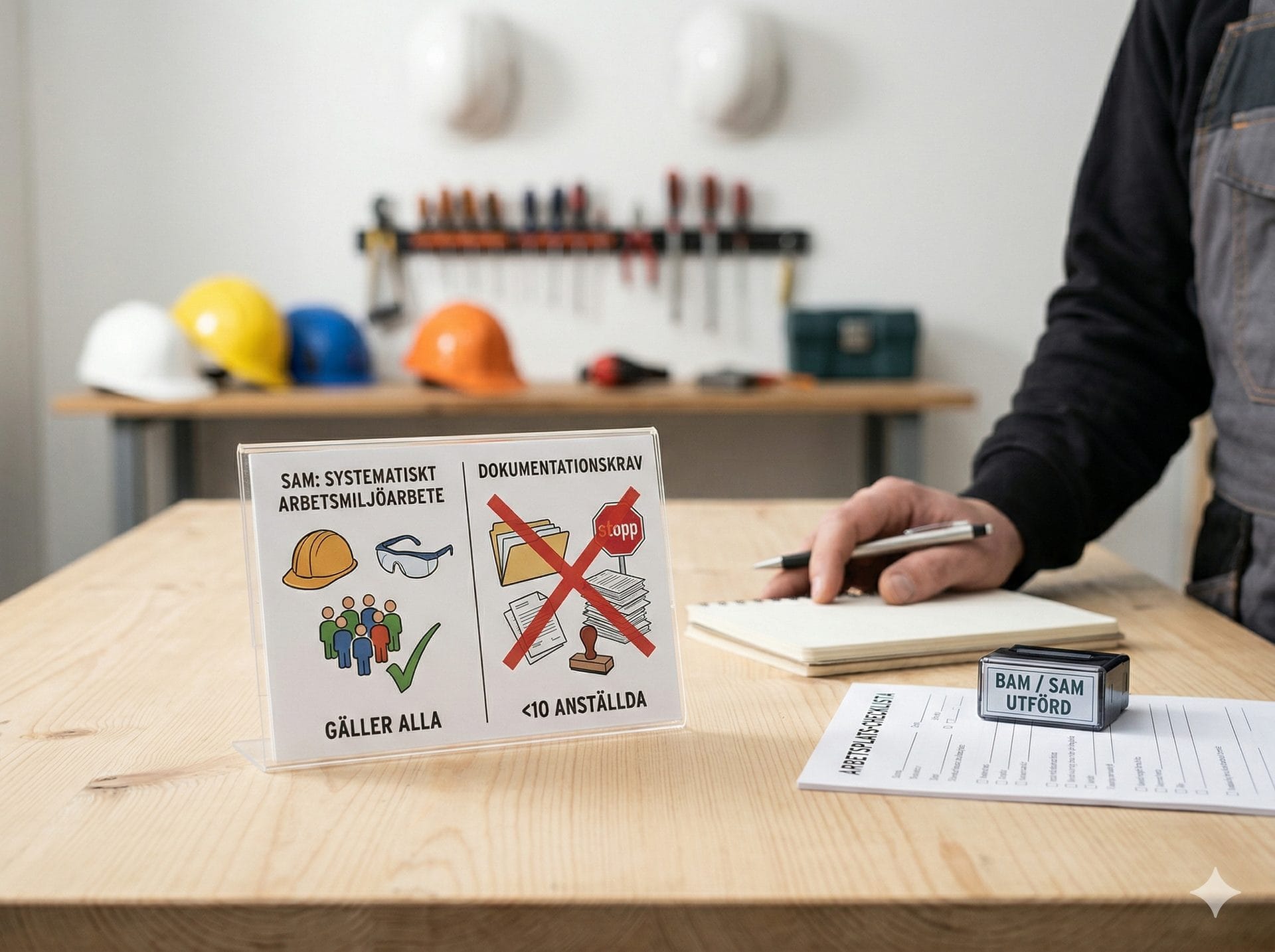 En hantverkare vid en arbetsbänk med en skylt som visar att SAM gäller alla men dokumentationskraven inte gäller under 10 anställda, bredvid en BAM/SAM-stämpel.