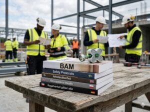 En grupp medarbetare med olika bakgrunder på en byggarbetsplats, med utbildningsmaterial på engelska synligt.