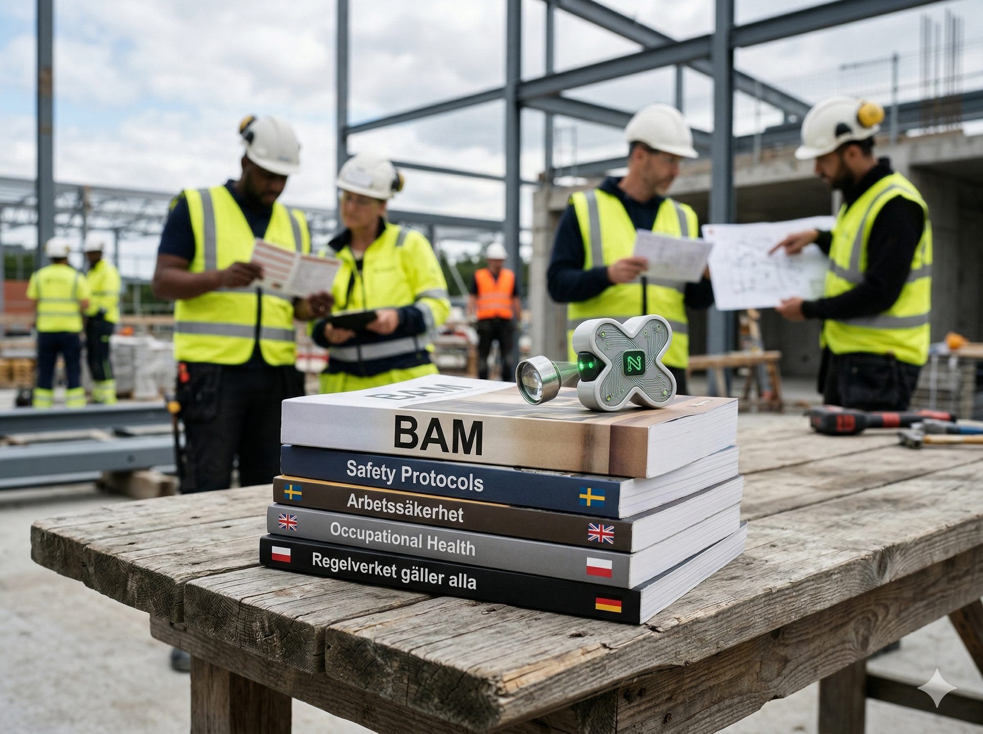 En grupp medarbetare med olika bakgrunder på en byggarbetsplats, med utbildningsmaterial på engelska synligt.