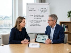 En företagshälsovårdsspecialist i samtal med en chef på ett kontor om arbetsmiljöstöd.