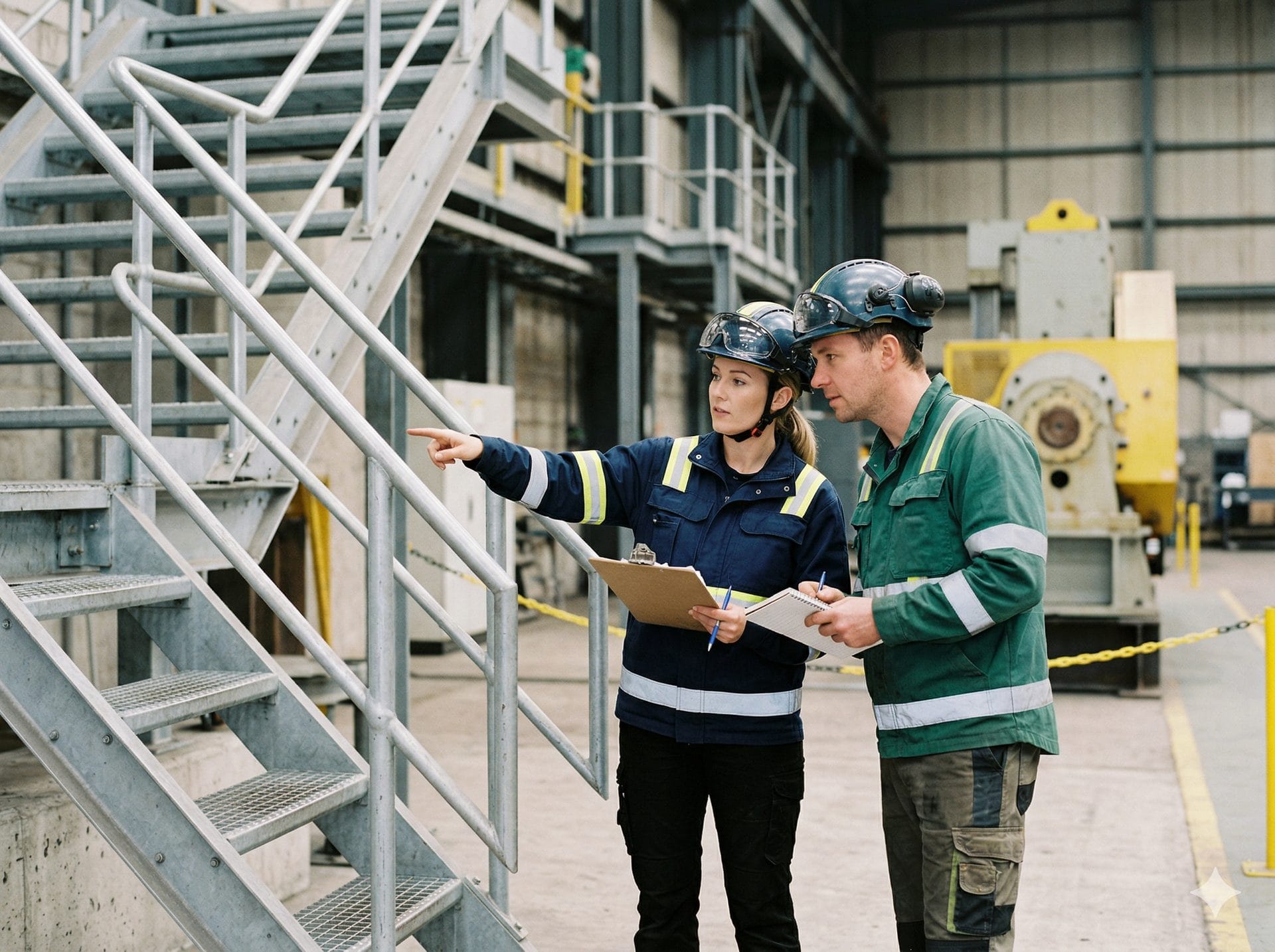 En chef och ett skyddsombud genomför sin första riskbedömning tillsammans på en arbetsplats.