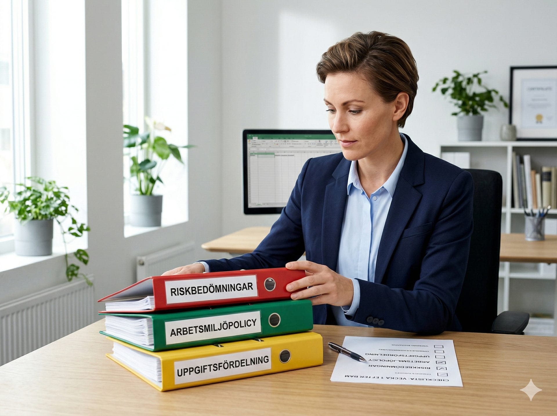 En nybakad BAM-deltagare vid sitt skrivbord med en checklista — första veckan efter utbildningen.