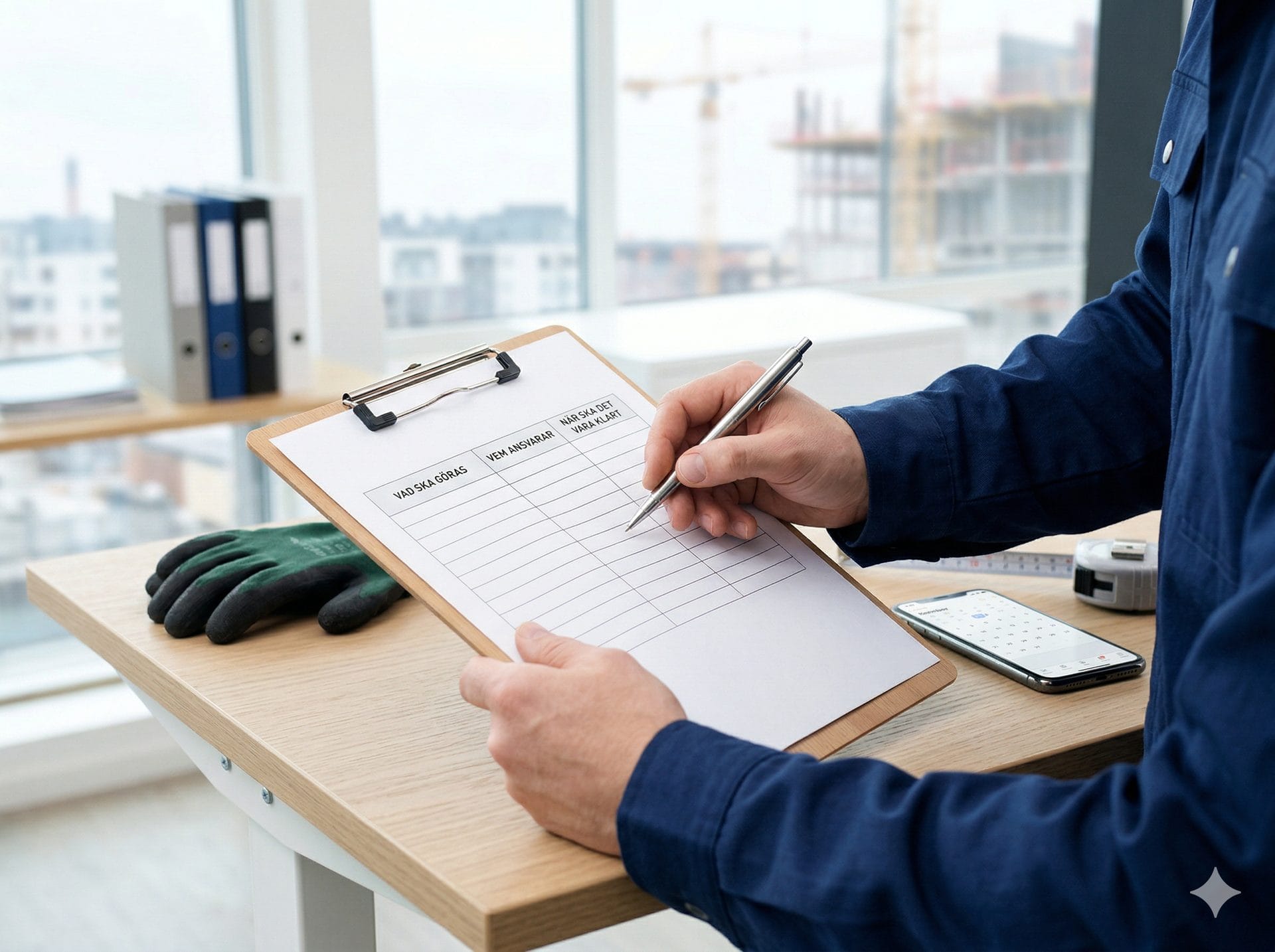 En arbetsledare i blå arbetskläder fyller i en handlingsplan för arbetsmiljö på ett skrivbord, med byggarbetsplats synlig genom fönstret bakom.