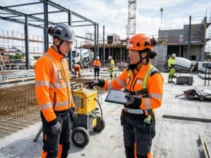 Två byggnadsarbetare från olika företag går igenom arbetsinstruktioner på en byggarbetsplats, med surfplatta och skyddsutrustning.