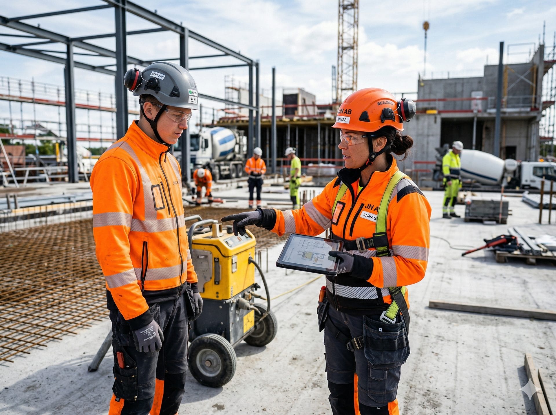 Två byggnadsarbetare från olika företag går igenom arbetsinstruktioner på en byggarbetsplats, med surfplatta och skyddsutrustning.
