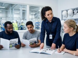 En arbetsledare ger introduktion till tre nyanställda i en industrimiljö, med arbetsmiljöhandbok och skyddshjälmar synliga i bakgrunden.