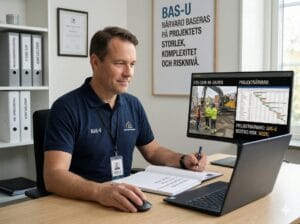 BAS-U på byggarbetsplats med hjälm och reflexväst