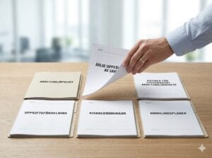 En pärm märkt arbetsmiljöhandbok på ett skrivbord bredvid en kaffekopp och dokument — handbok eller inte, delarna behövs.