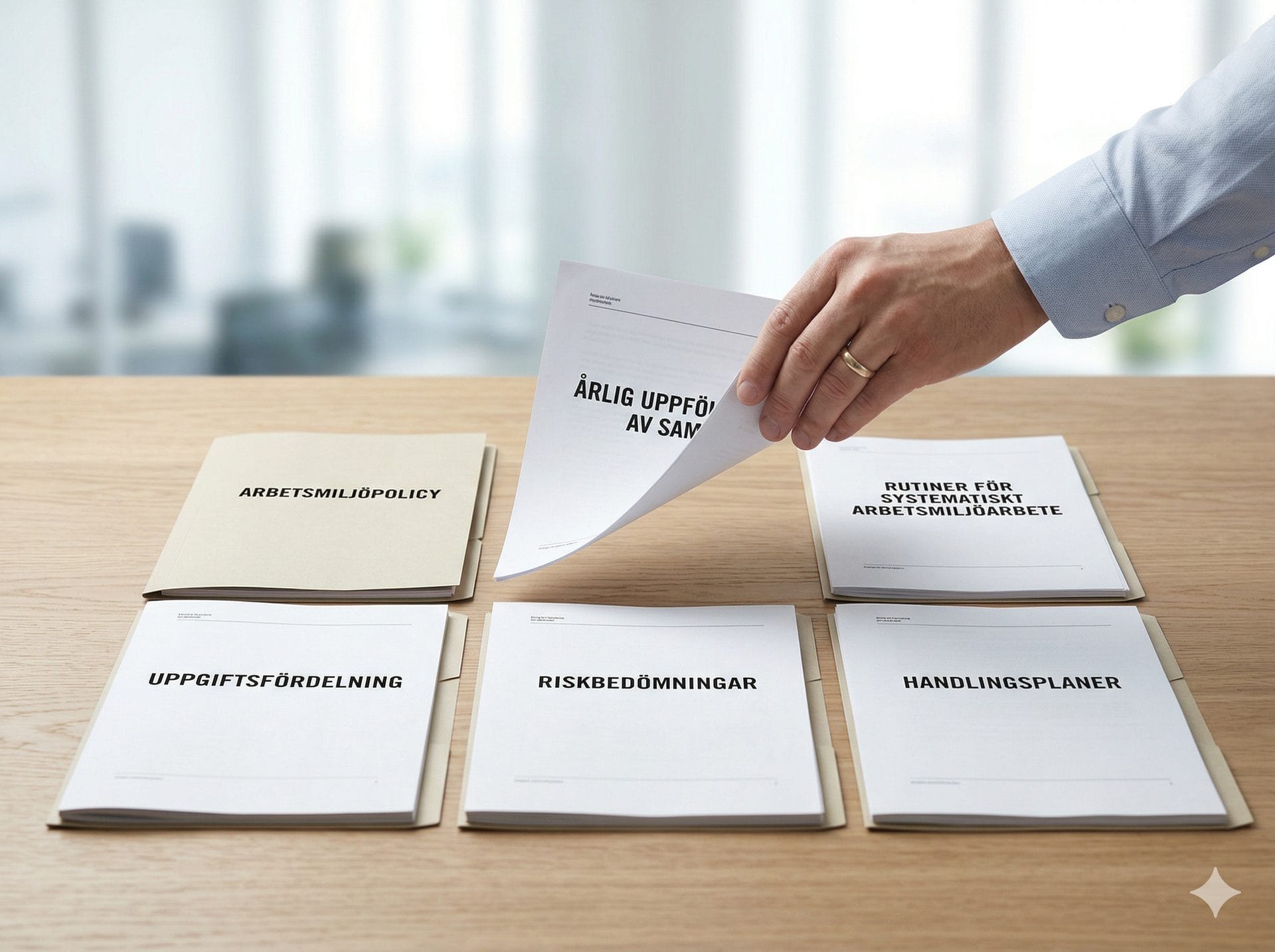 En pärm märkt arbetsmiljöhandbok på ett skrivbord bredvid en kaffekopp och dokument — handbok eller inte, delarna behövs.