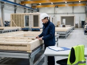 Monteringsfärdiga byggelement lyfts på plats av kran