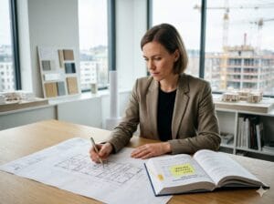 Arkitekt och konstruktör vid projekteringsmöte om arbetsmiljö