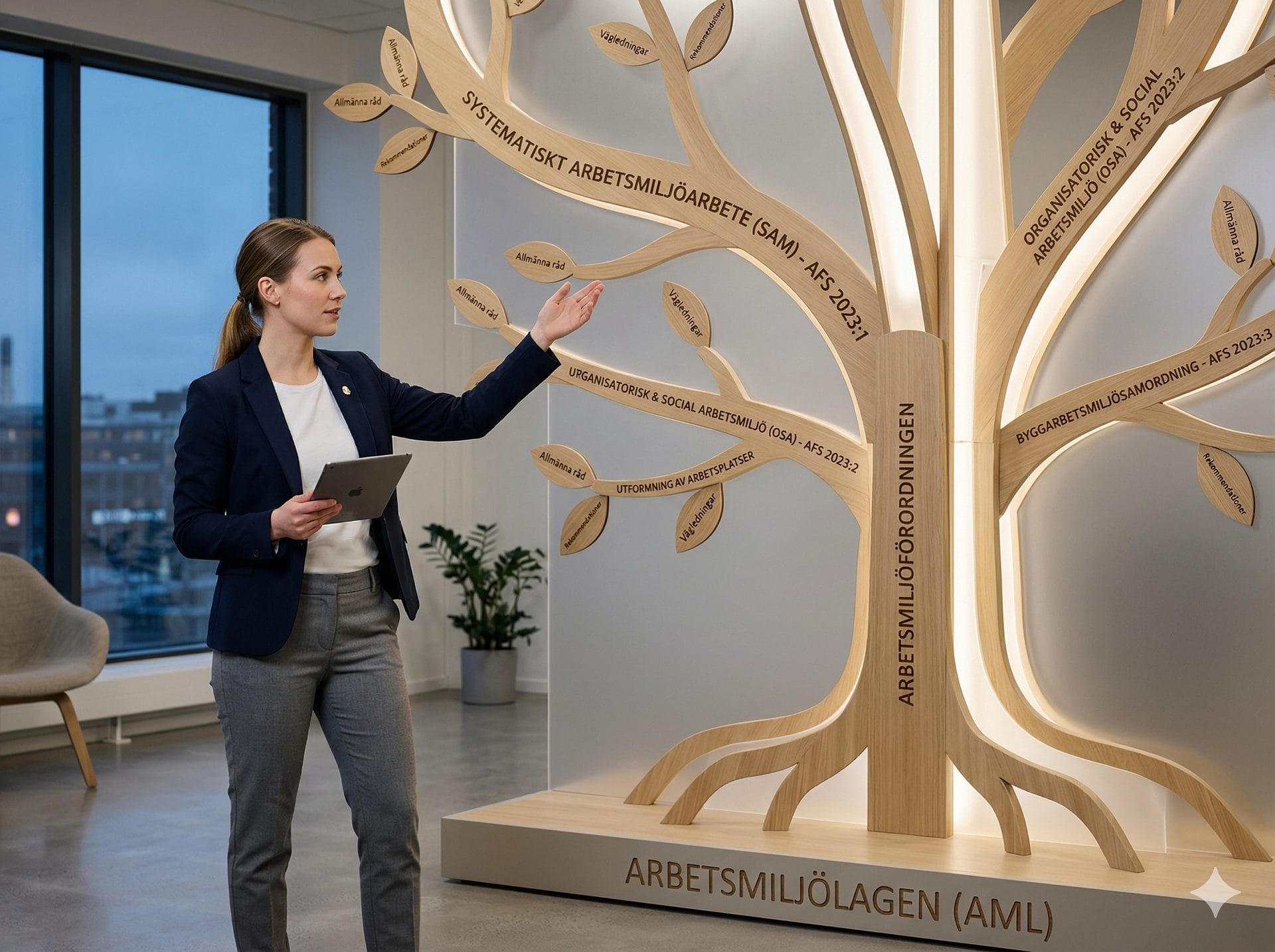 Ett träd med grenar som illustrerar hur arbetsmiljölagen, SAM-föreskrifterna och övriga AFS hänger ihop.