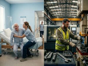 Delad bild som visar arbetsmiljörisker i två branscher — en undersköterska som lyfter en patient i vården och en industriarbetare vid en maskin — båda med allvarliga risker som kräver riskbedömning.