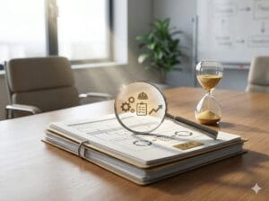 Ett team sitter runt ett bord och går igenom den årliga uppföljningen av det systematiska arbetsmiljöarbetet.