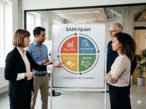 En grupp kollegor diskuterar SAM-hjulet framför en whiteboard som visar de fyra stegen: undersök, bedöm, åtgärda, följ upp.