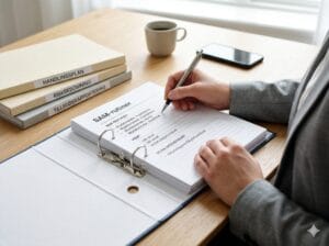 En digital checklista för SAM-rutiner på en skärm, med fält för när, vem och vilka.