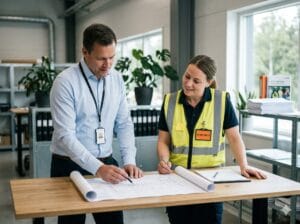 En chef och ett skyddsombud i ett informellt samtal vid en kaffemaskin — samverkan i vardagen.