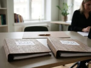 Två pärmar märkta BAM och SAM på ett skrivbord i en utbildningslokal, som illustrerar skillnaden mellan utbildningen och regelverket.