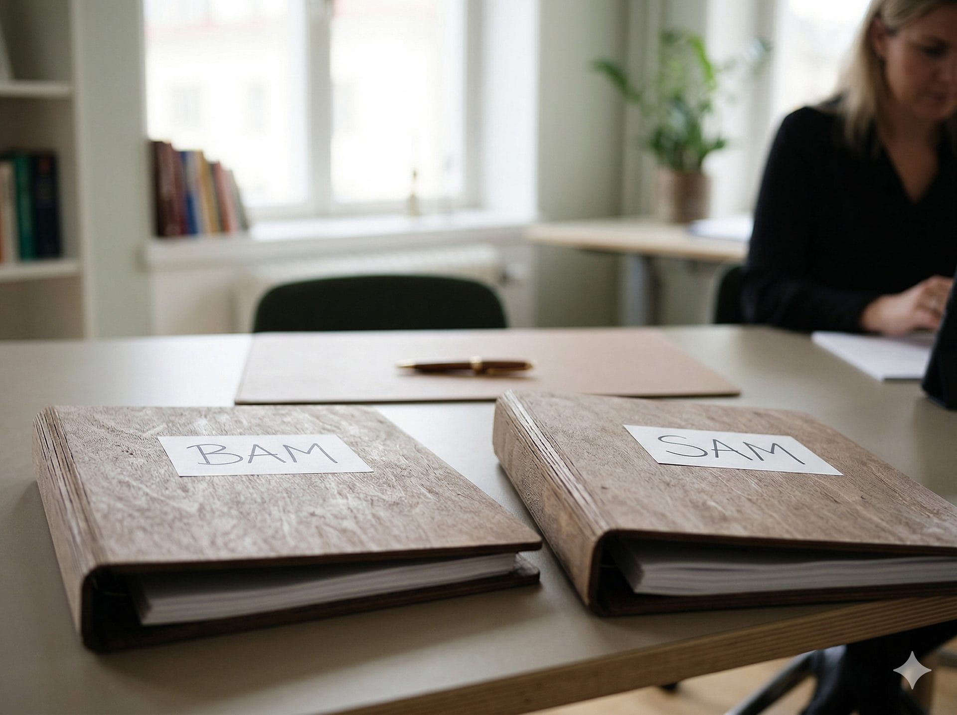 Två pärmar märkta BAM och SAM på ett skrivbord i en utbildningslokal, som illustrerar skillnaden mellan utbildningen och regelverket.