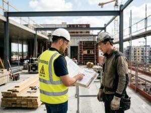 Ett skyddsombud i reflexväst går igenom skriftliga arbetsinstruktioner med en byggnadsarbetare på en byggarbetsplats.
