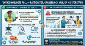 Ett skyddsombud i reflexväst samtalar med en chef på en arbetsplats om arbetsmiljöfrågor.