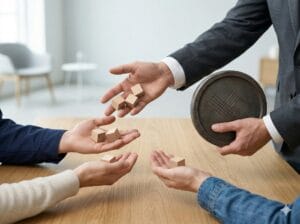 Händer som fördelar träklossar mellan personer vid ett bord — symboliserar uppgiftsfördelning där ansvaret stannar hos den som fördelar.