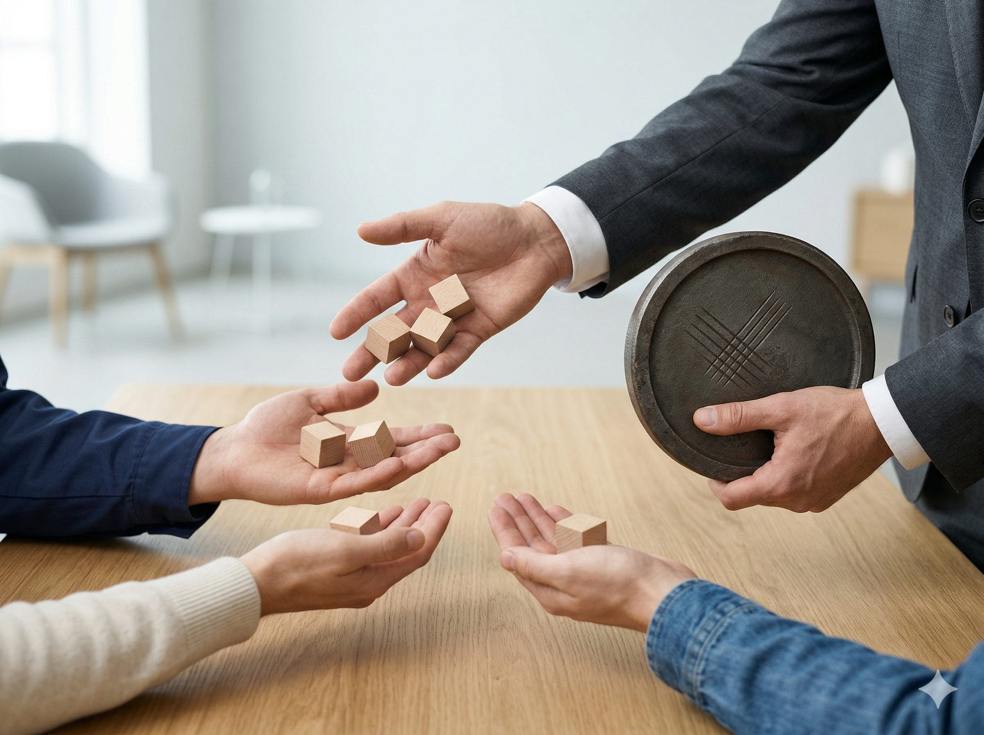 Händer som fördelar träklossar mellan personer vid ett bord — symboliserar uppgiftsfördelning där ansvaret stannar hos den som fördelar.