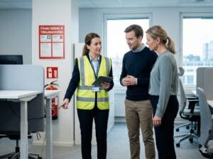 En arbetsledare i reflexväst diskuterar en tillbudsutredning med två kollegor på ett kontor, med skylt för första hjälpen och tillbudsanmälan i bakgrunden.