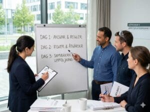 En utbildare presenterar BAM-kursens tre dagar på en whiteboard — dag 1 ansvar och regler, dag 2 risker och åtgärder, dag 3 samverkan och uppföljning — för en grupp kursdeltagare.
