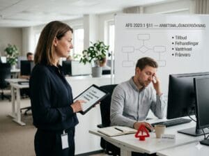En chef som studerar varningssignaler — tillbud, korttidsfrånvaro och vantrivsel — på en whiteboard.