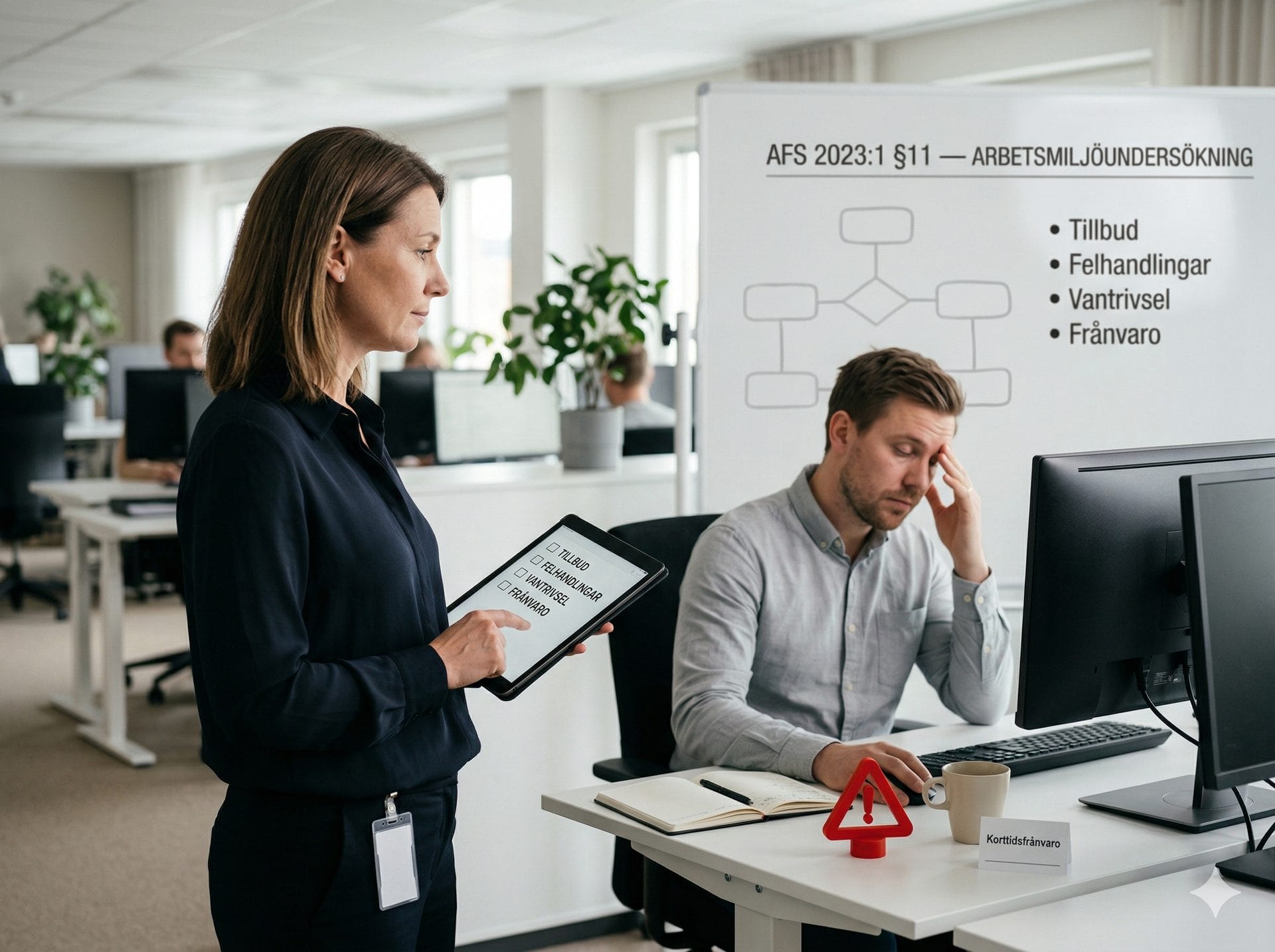 En chef som studerar varningssignaler — tillbud, korttidsfrånvaro och vantrivsel — på en whiteboard.