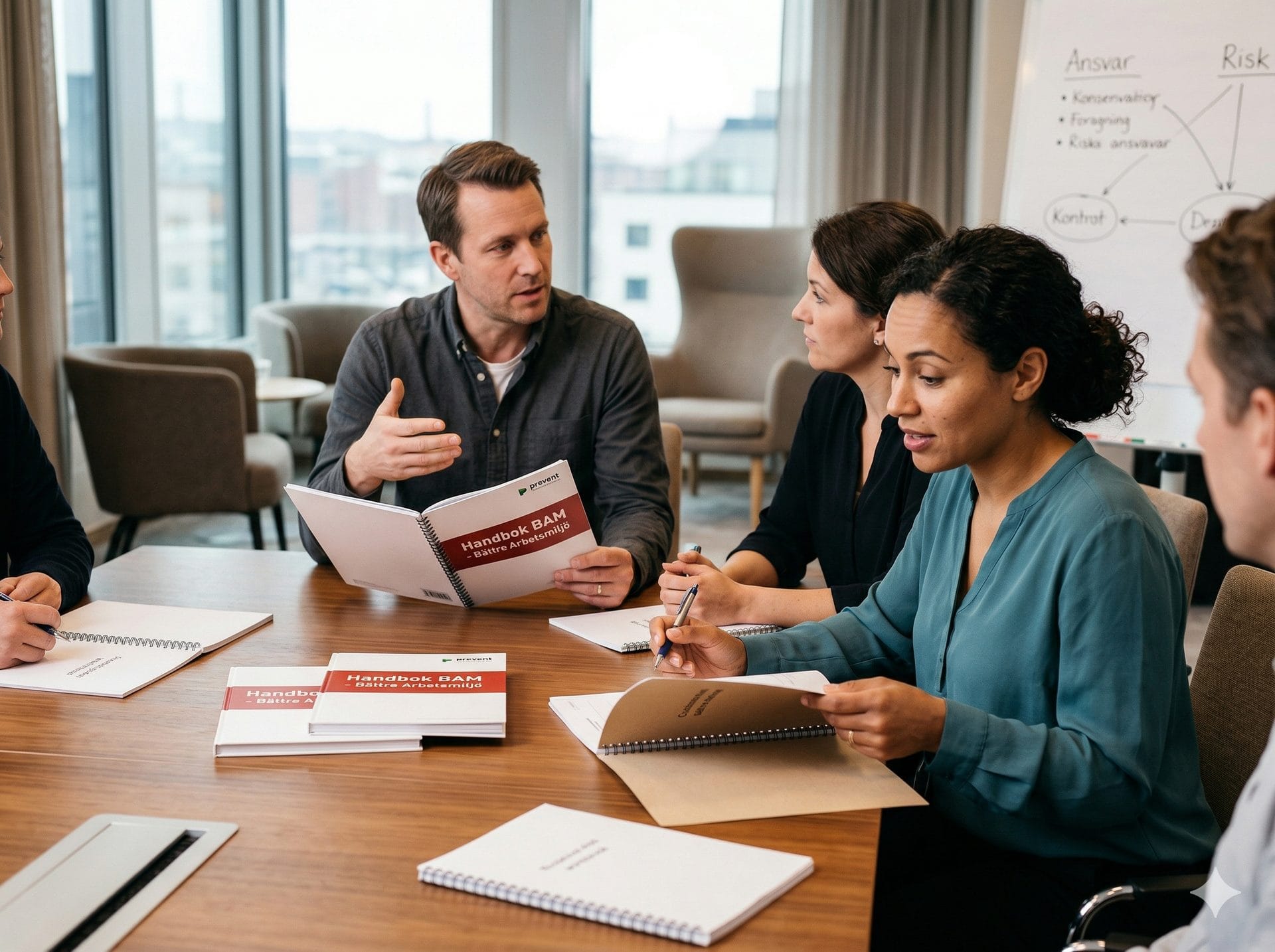 En BAM-utbildare leder en kursgrupp med Handbok BAM som kursmaterial, med ansvar och risker på whiteboard i bakgrunden.